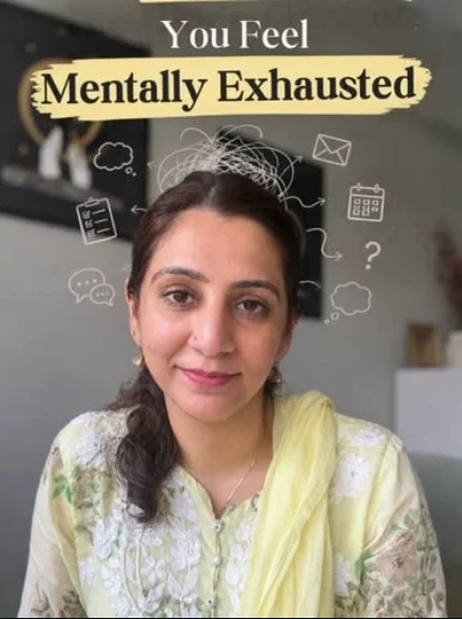 Reel cover: a therapist with hand-drawn icons of tasks and messages around her head, titled You feel mentally exhausted.