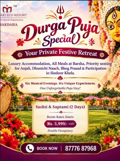 Durga Puja Special post: luxury stay, all meals, priority seating for anjali and dhunuchi naach, six musical evenings, with a booking number.